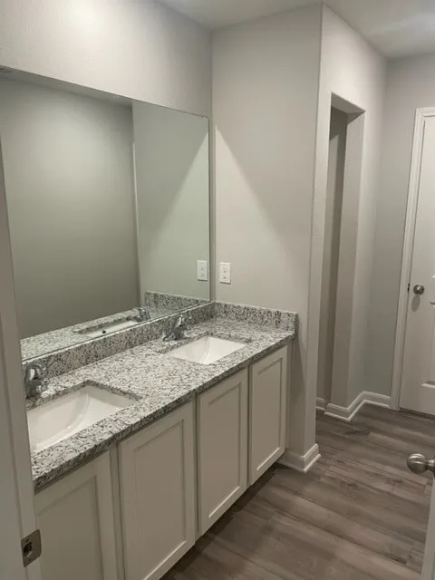 Dual vanity with white cabinetry, granite-finish countertop, and undermount sinks