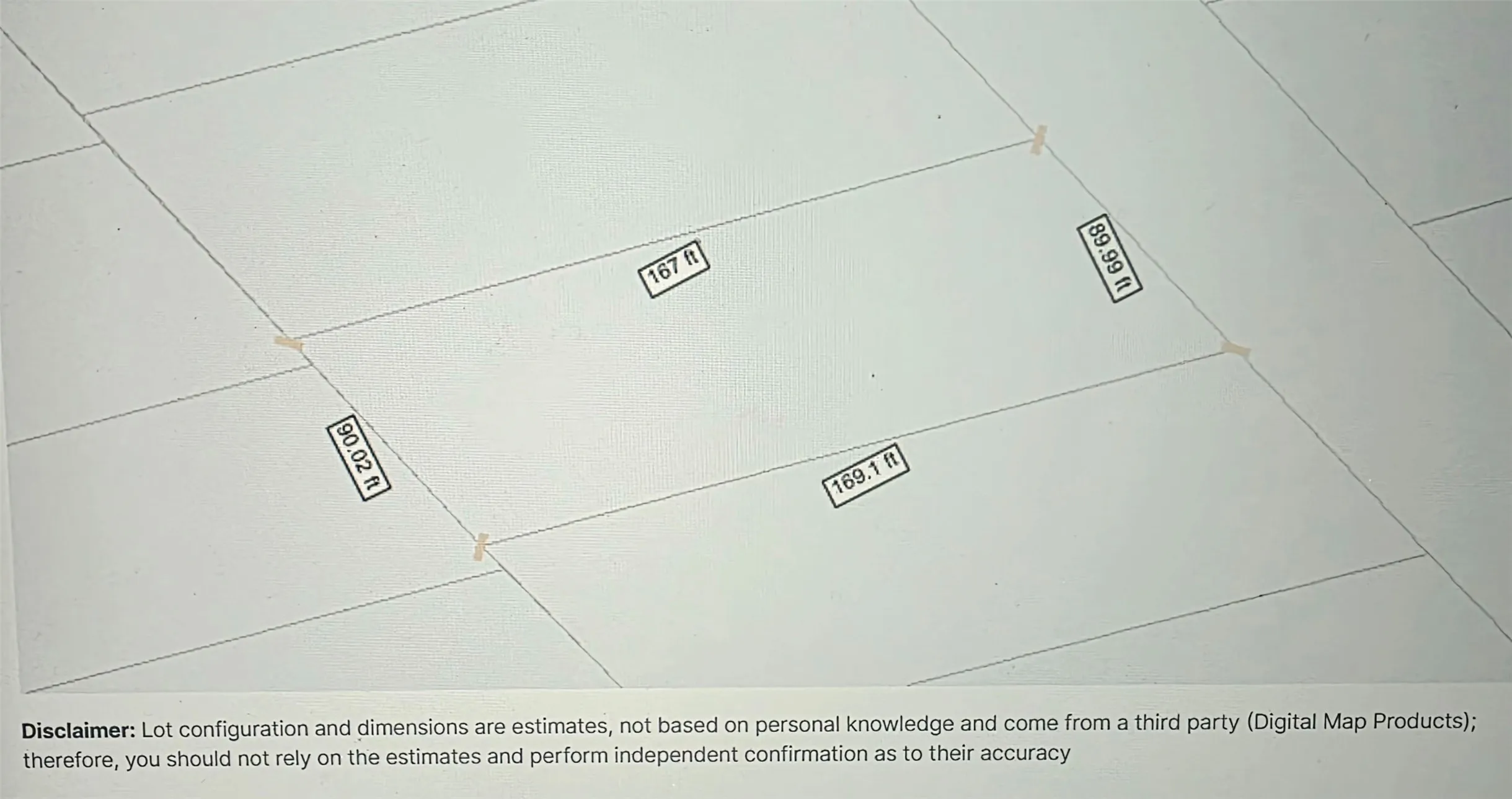 Property Map. Displaying estimated dimensions of the property and its boundaries with an accompanying disclaimer regarding accuracy