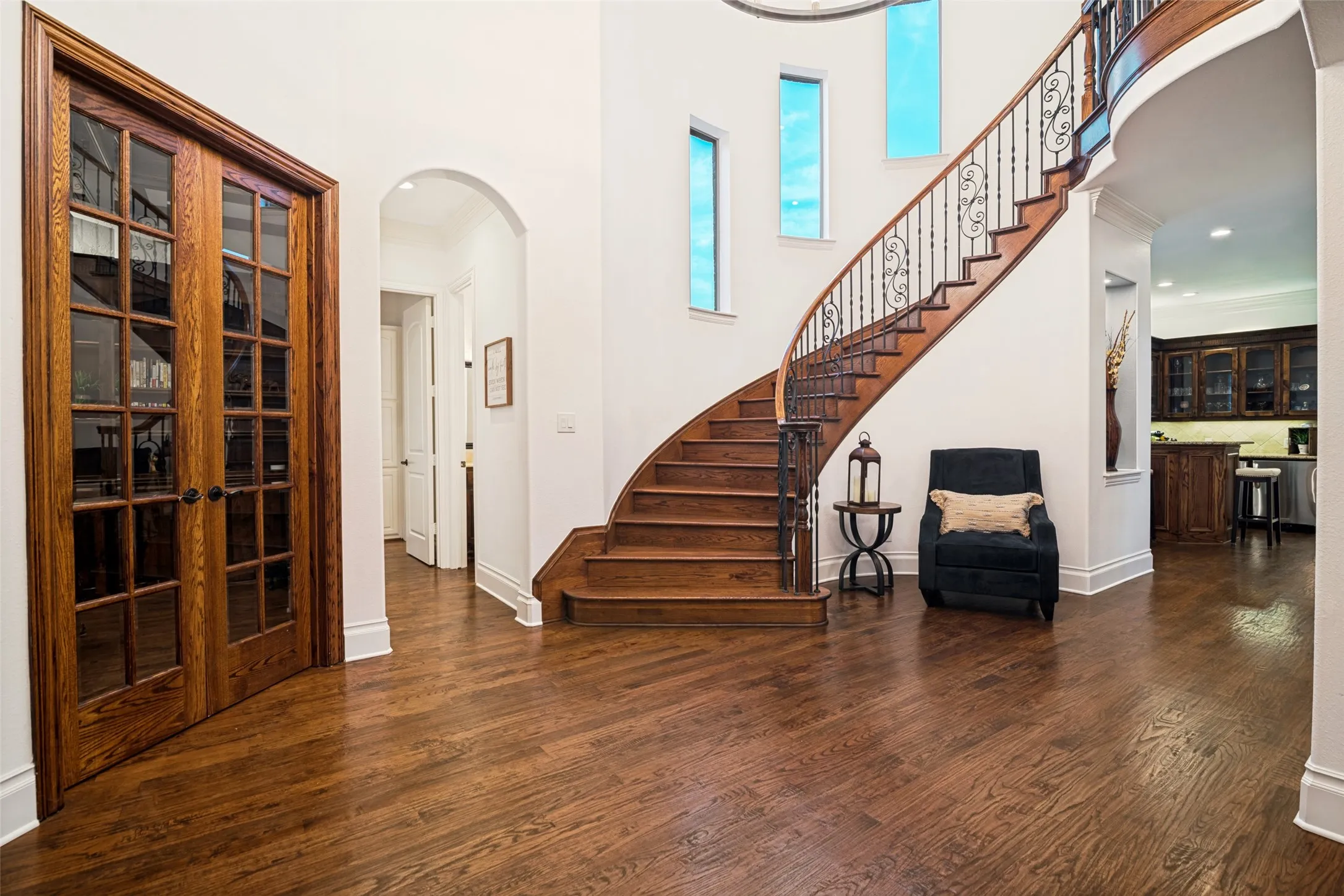 Hardwood flooring, iron staircase