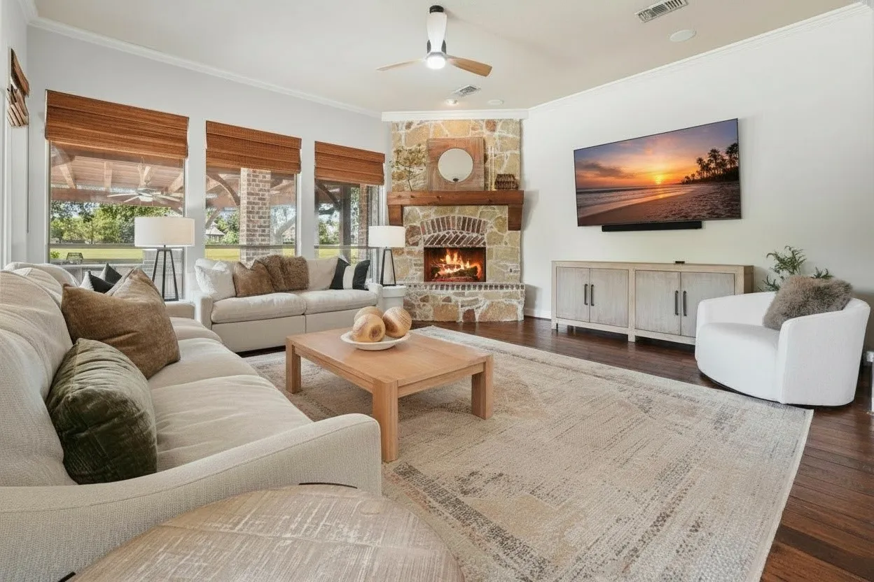 Expansive family room combines comfortable everyday living with views toward the backyard.