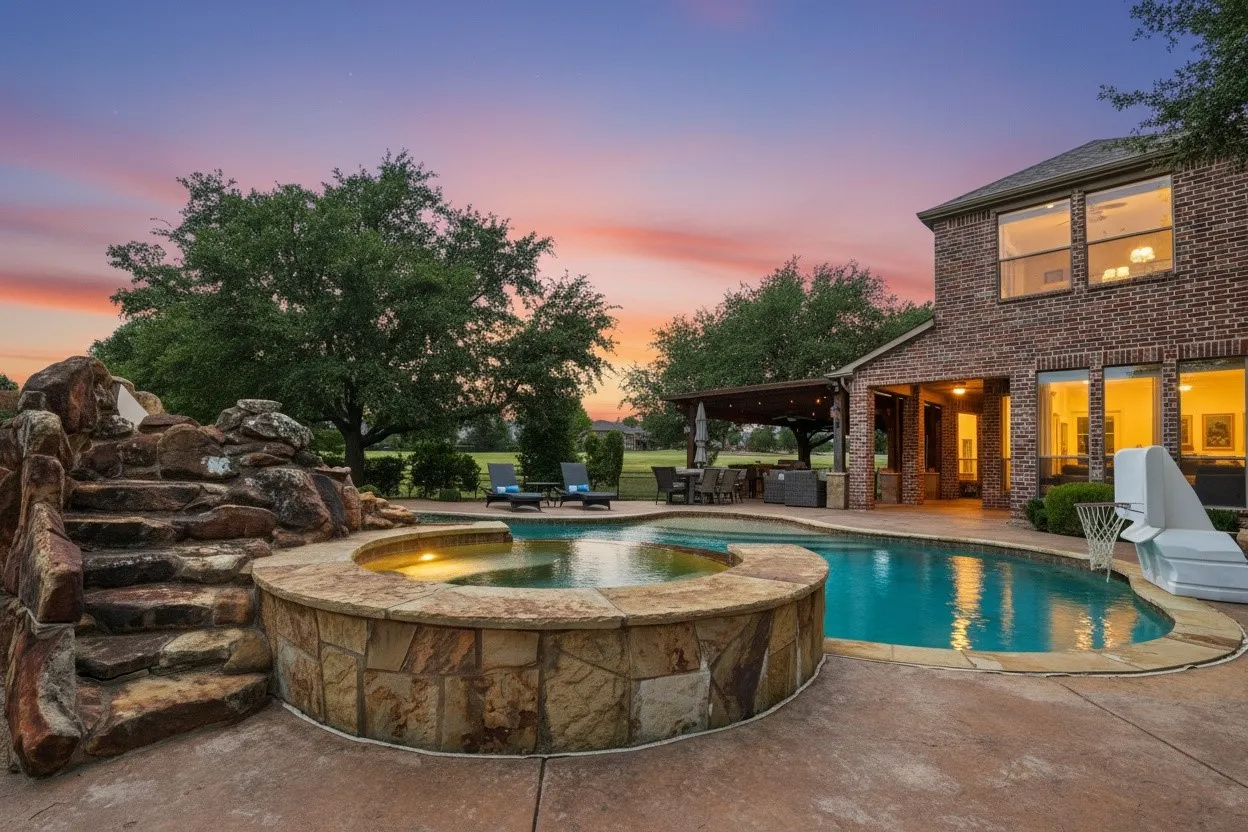 Nine-foot-deep PebbleTec diving pool anchors the resort-style backyard.