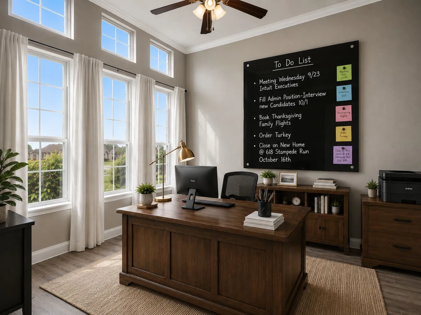 Large windows with transom elements, wood-finish flooring, built-in ceiling fan, and painted walls