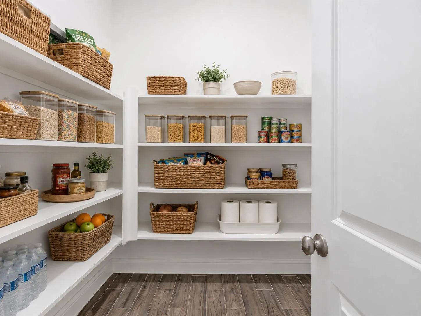Expansive walk-in pantry with abundant white shelving, wood-finish flooring, and a white paneled door