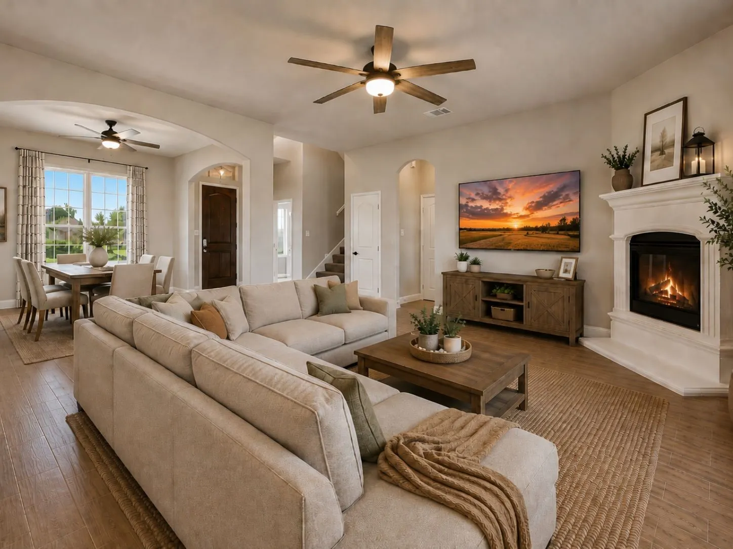 Open-concept living space featuring wood-finish flooring and a ceiling fan