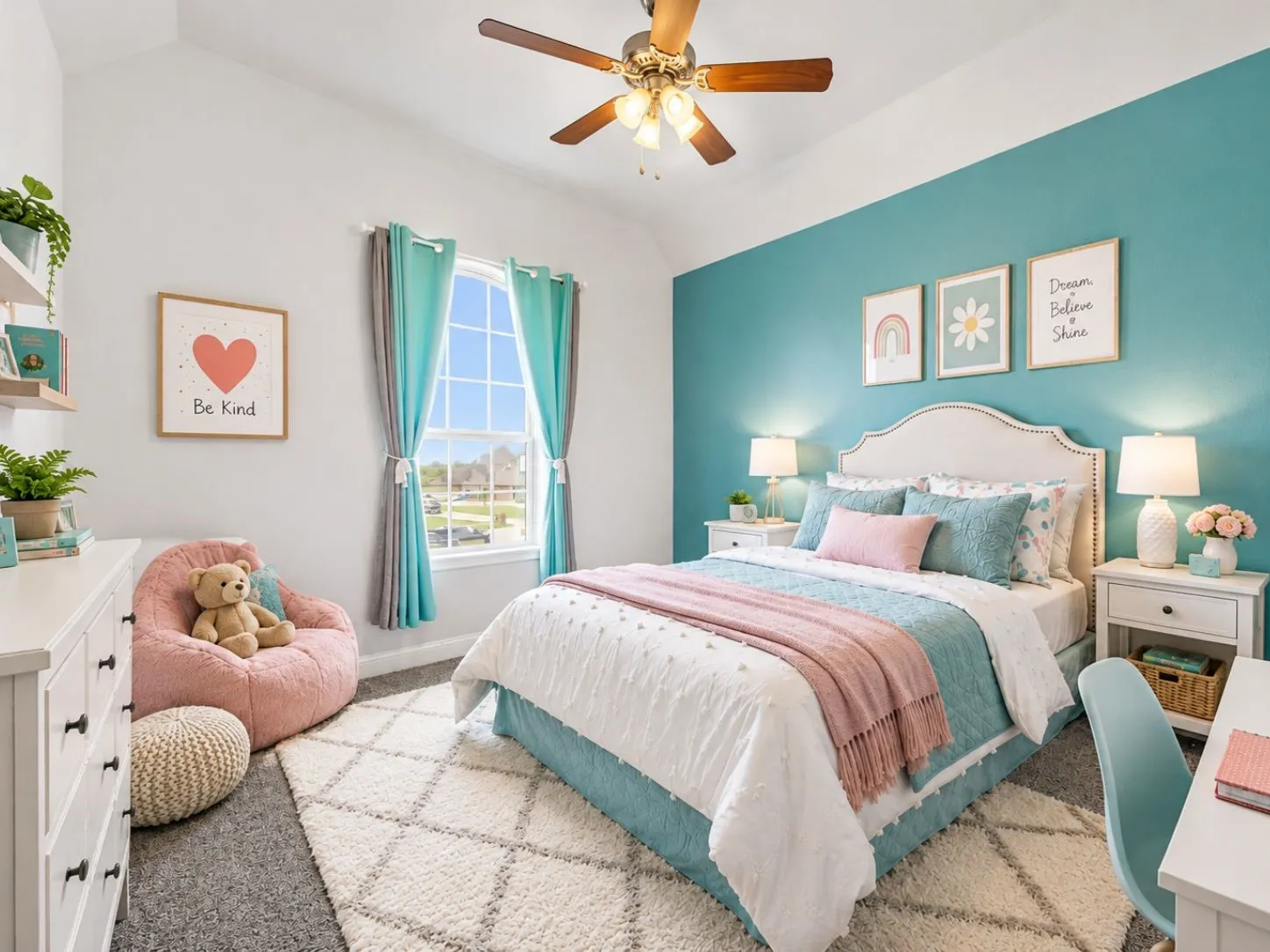 Vaulted ceiling with a ceiling fan, arched window, wall shelving, and a built-in headboard