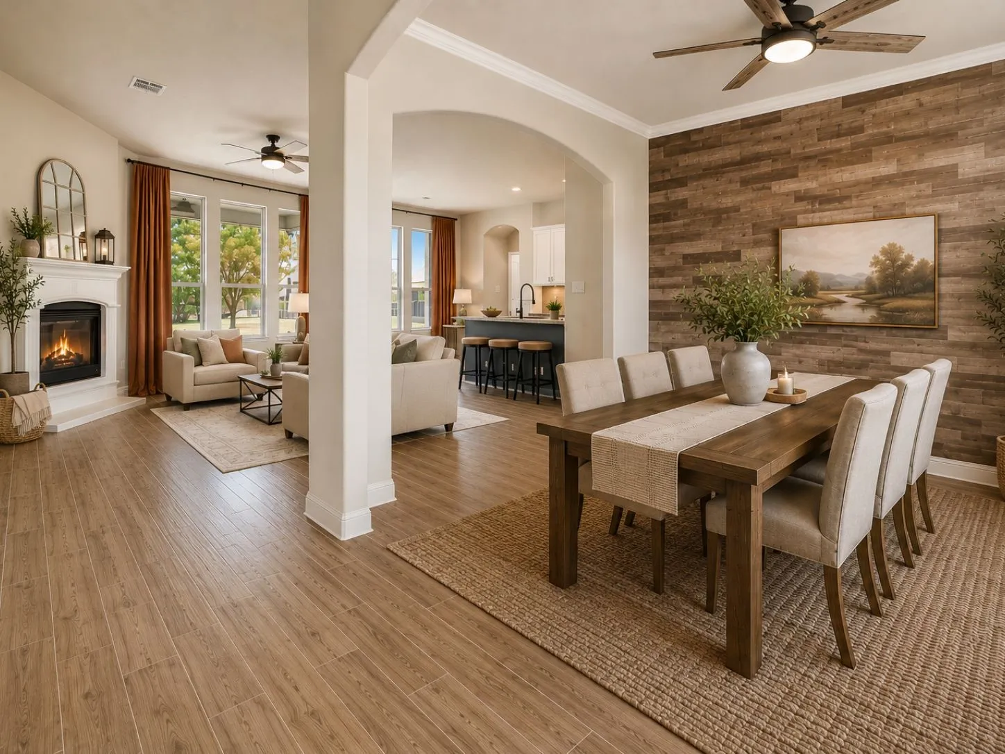 Wood-look tile flooring throughout, with a white fireplace surround and mantel
