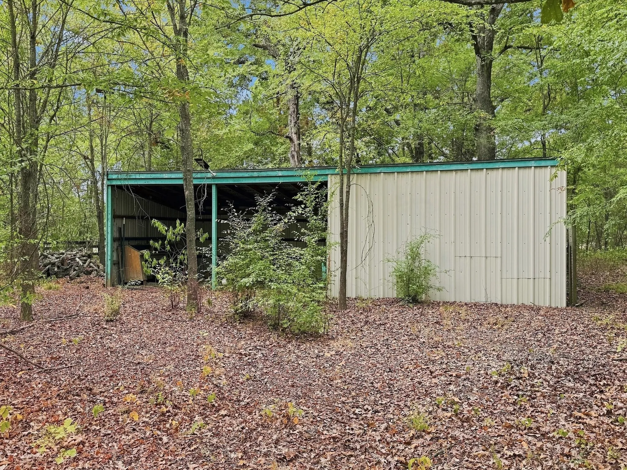 Metal-sided outbuilding with an open-sided storage area and a fully enclosed section, set amidst mature trees