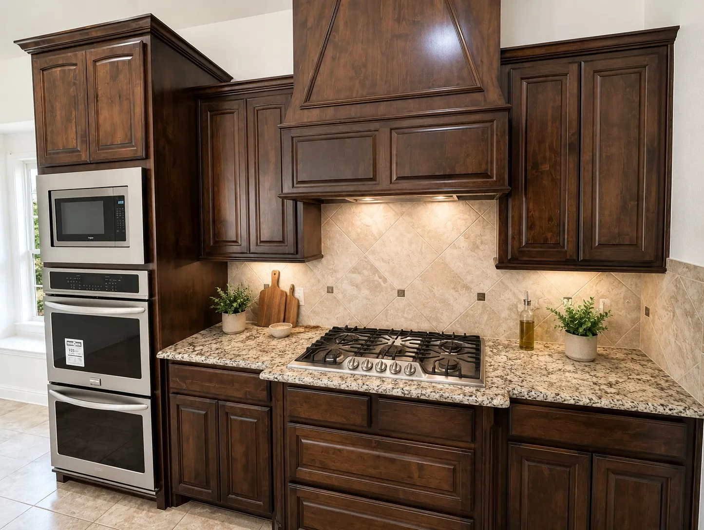 Rich wood cabinetry featuring crown molding, gas cooktop, built-in microwave, double oven, and stone countertops