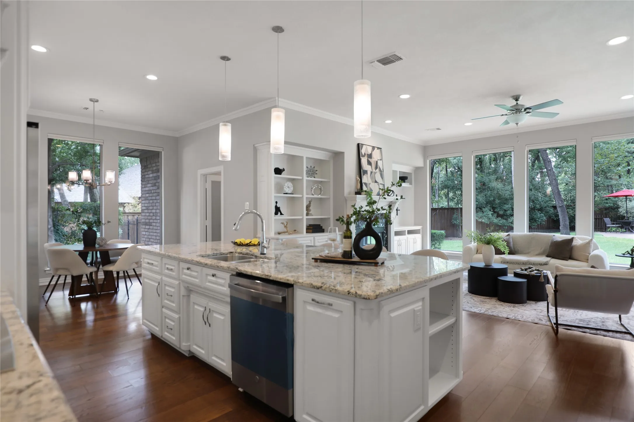 Kitchen island open to family room and breakfast area