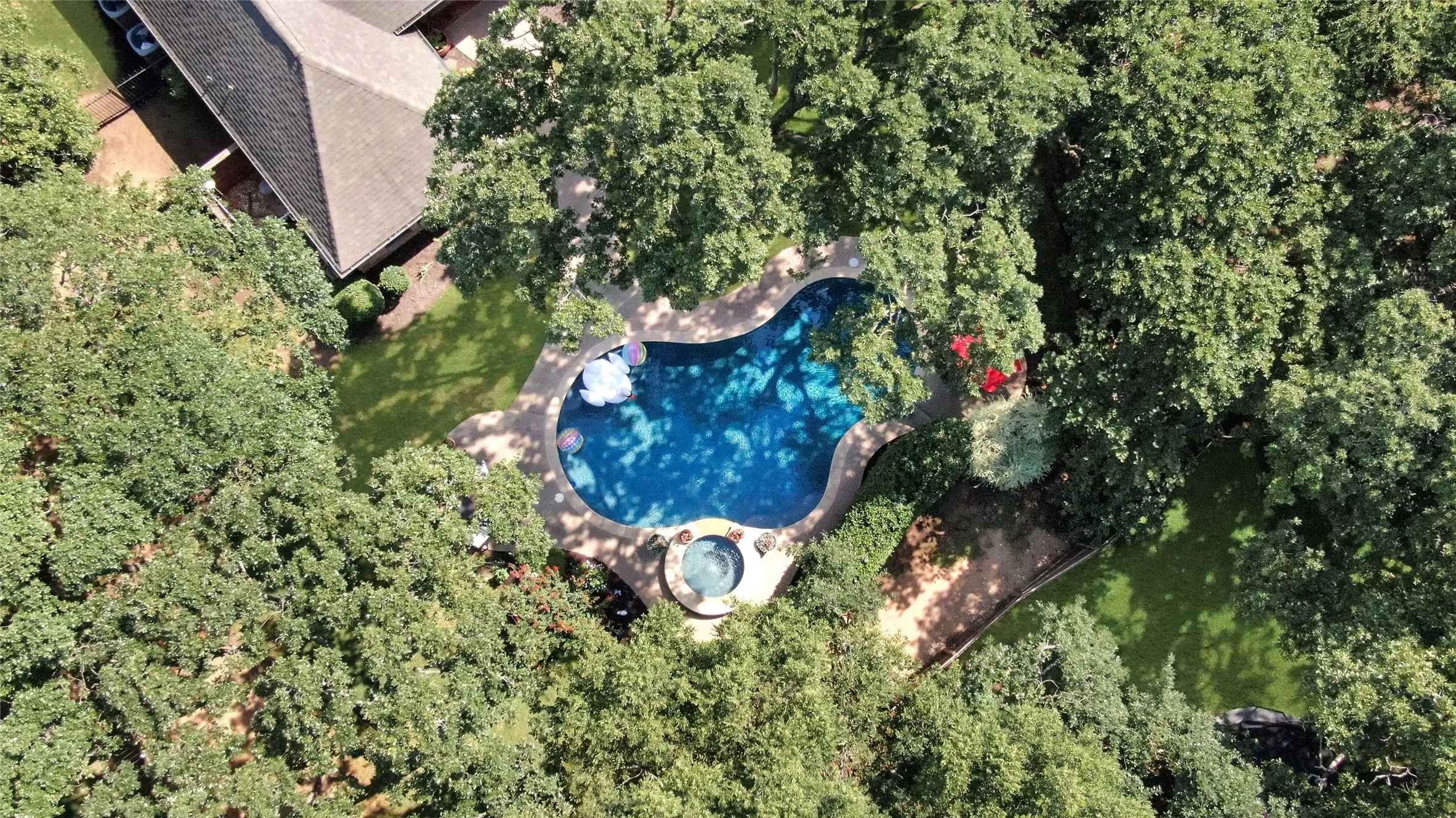 Drone view of pool and spa nestled in shade trees