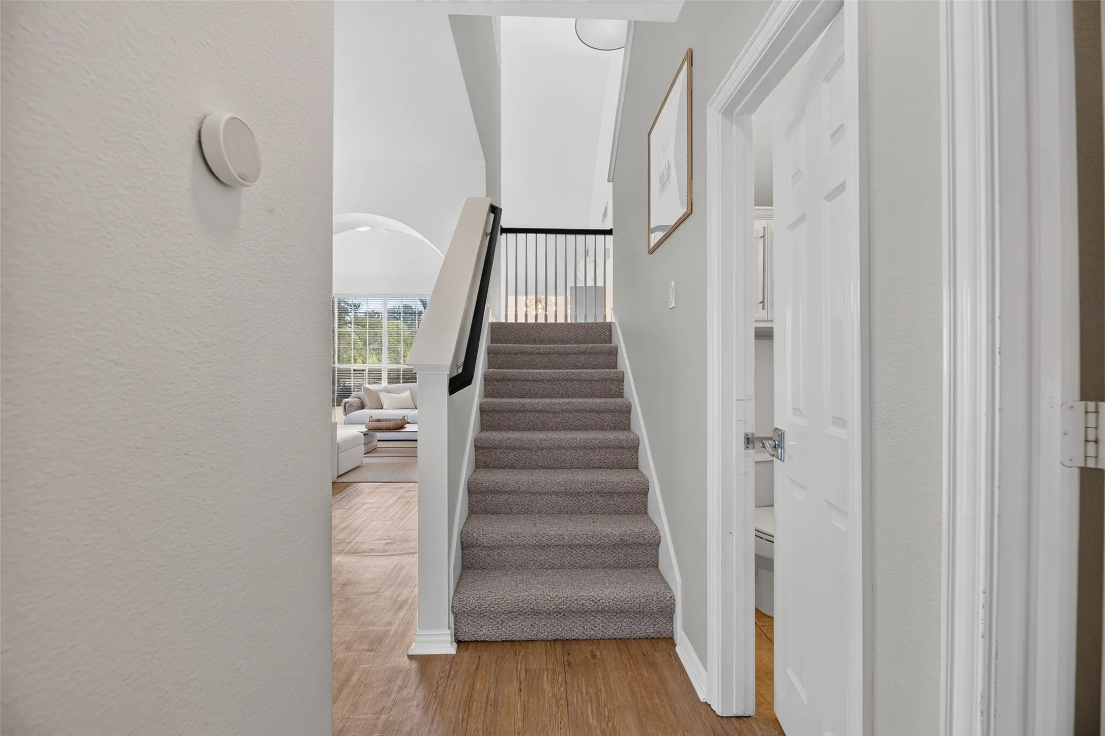 Carpeted staircase with black wrought iron balusters and wood-finish flooring