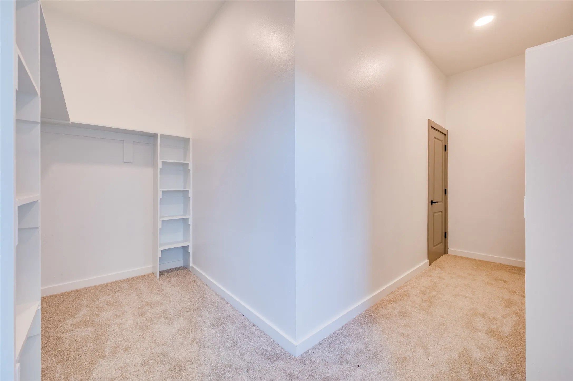 Built-in shelving, plush carpet flooring, recessed ceiling lighting, and a neutral wall palette