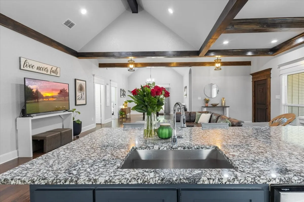 Granite countertop with an undermount sink and a gooseneck faucet
