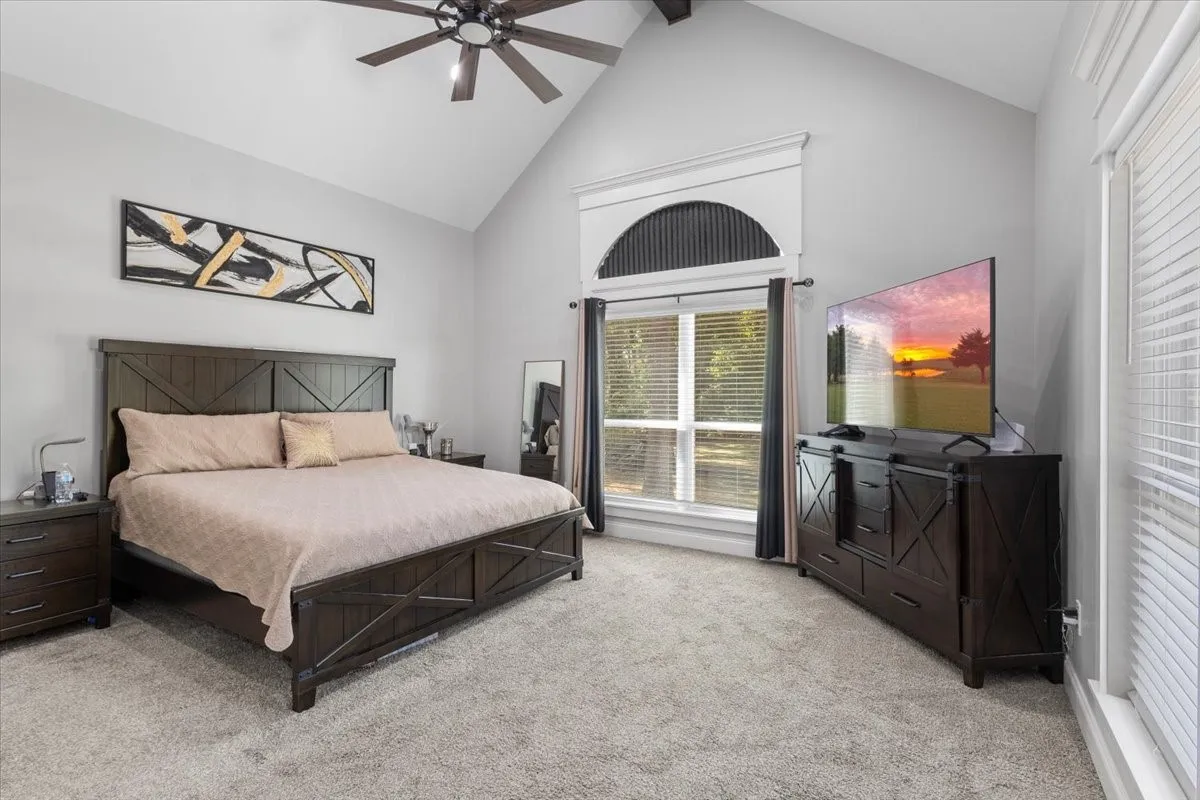 Vaulted ceiling with a ceiling fan, arched window with decorative trim, multiple windows with blinds, and light-colored carpeting
