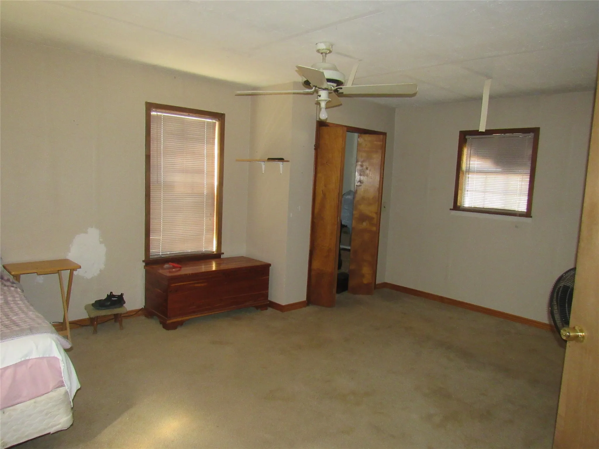 Carpeted room with a ceiling fan, two windows with blinds, and wood-finish trim