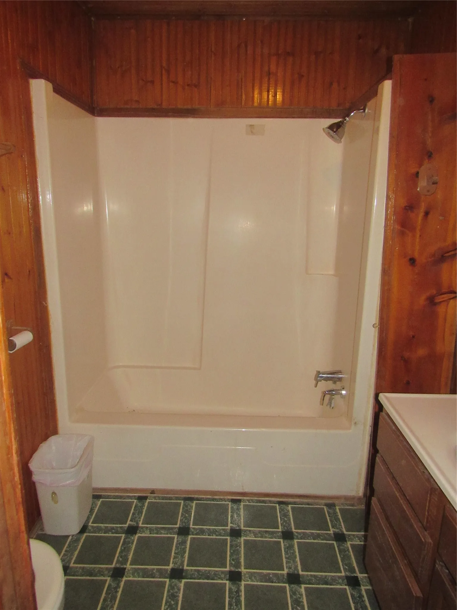 Wood paneling accents the full bathroom, featuring a tub and shower combination with chrome fixtures