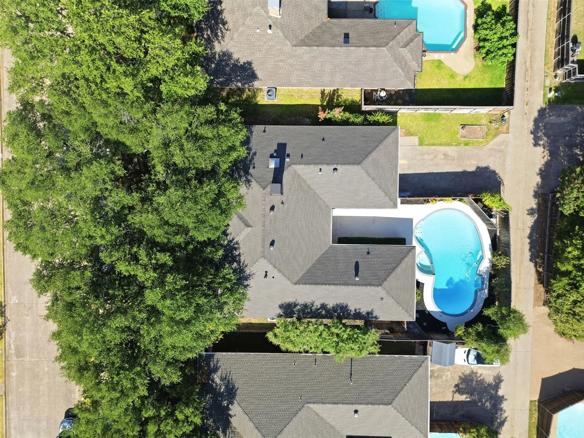 Irregularly shaped swimming pool with integrated spa