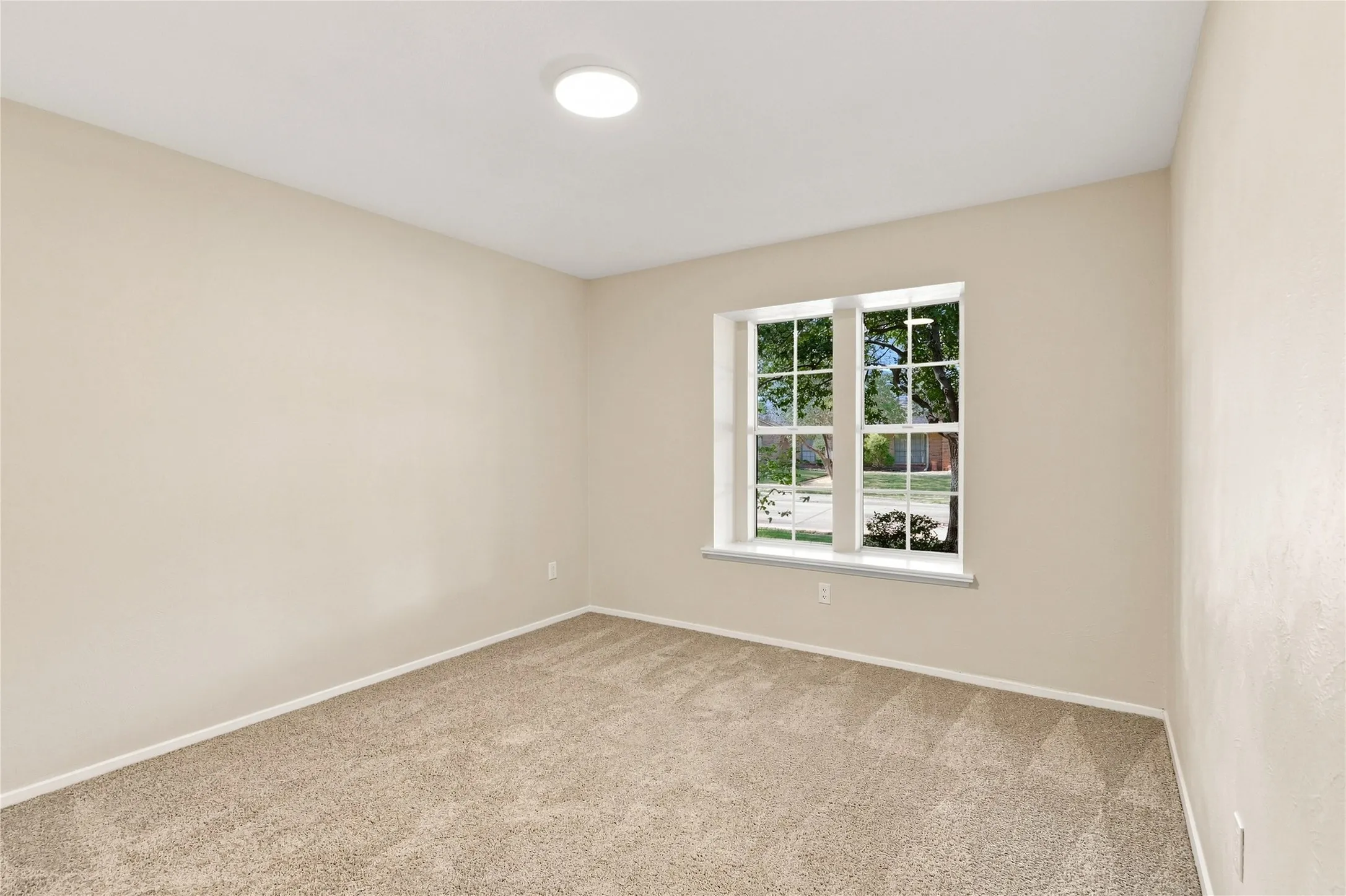 Neutral-toned carpeting, light-colored wall paint, and a window with white trim