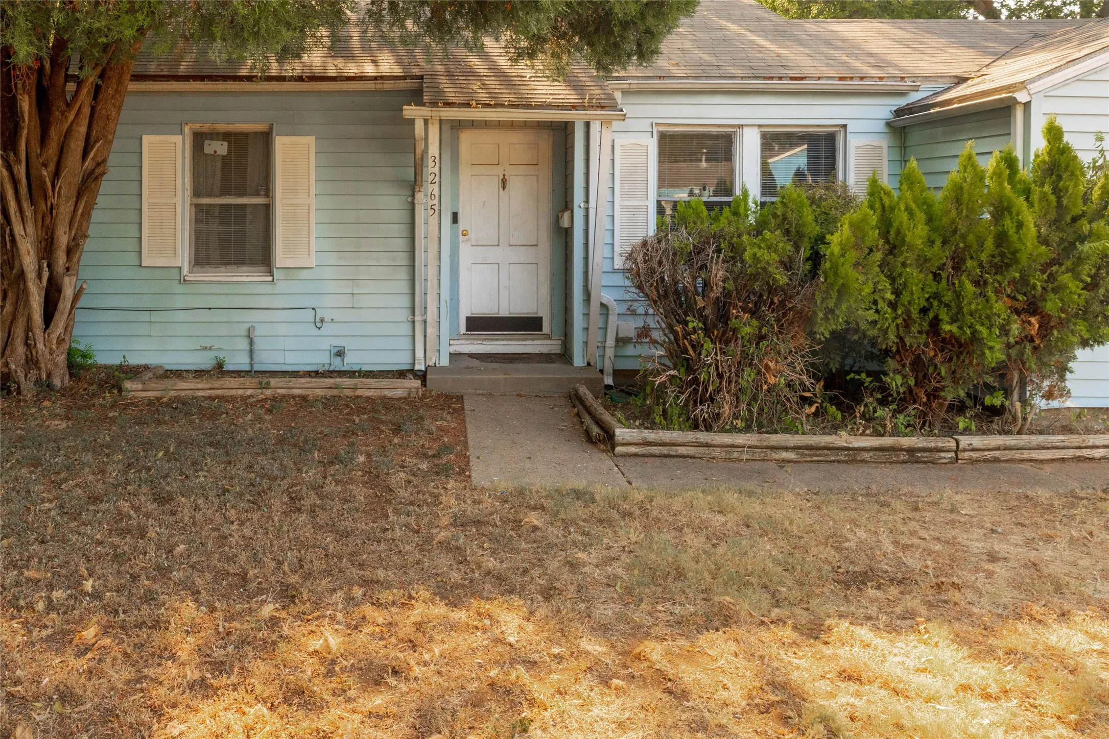 Light blue exterior siding, white shutter accents, covered entry, front door with classic panel design, established landscaping