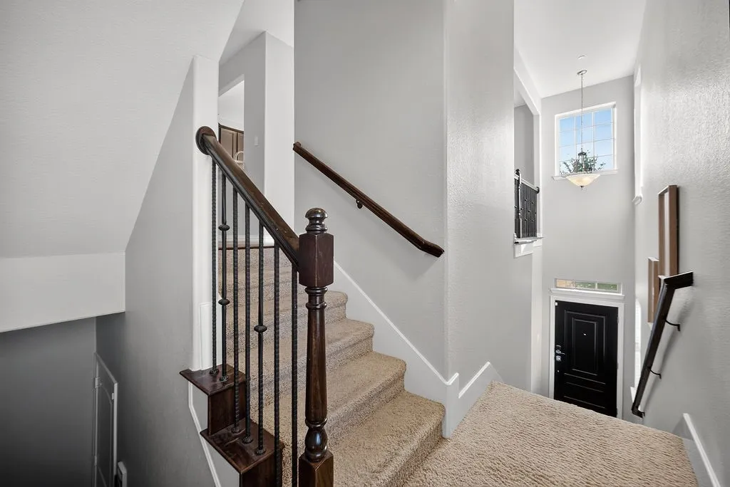 Carpeted staircase with dark wood-finish handrails and wrought iron balusters