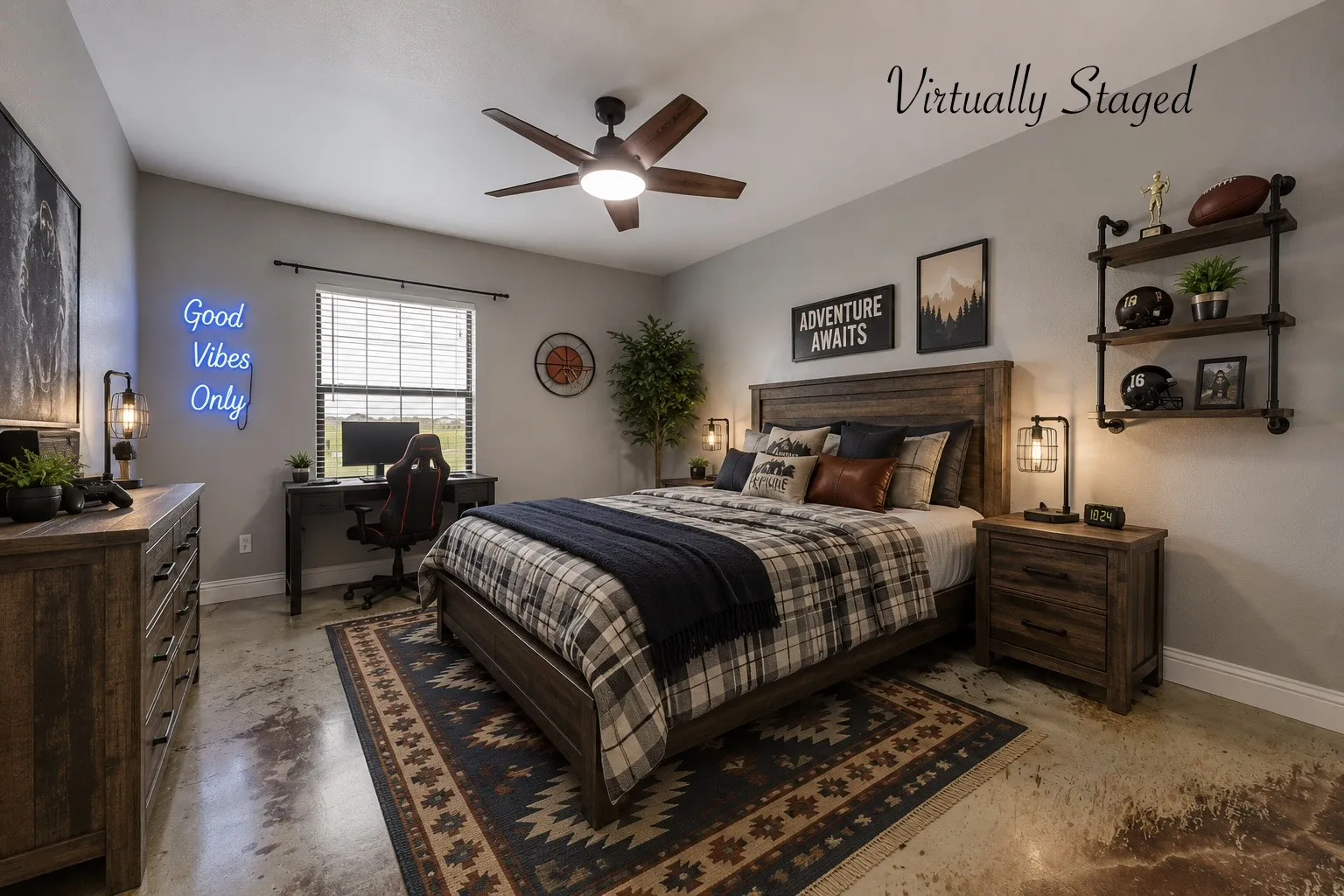 Bedroom two off the front of the house offers a fan feature that cools this room and provides white noise.