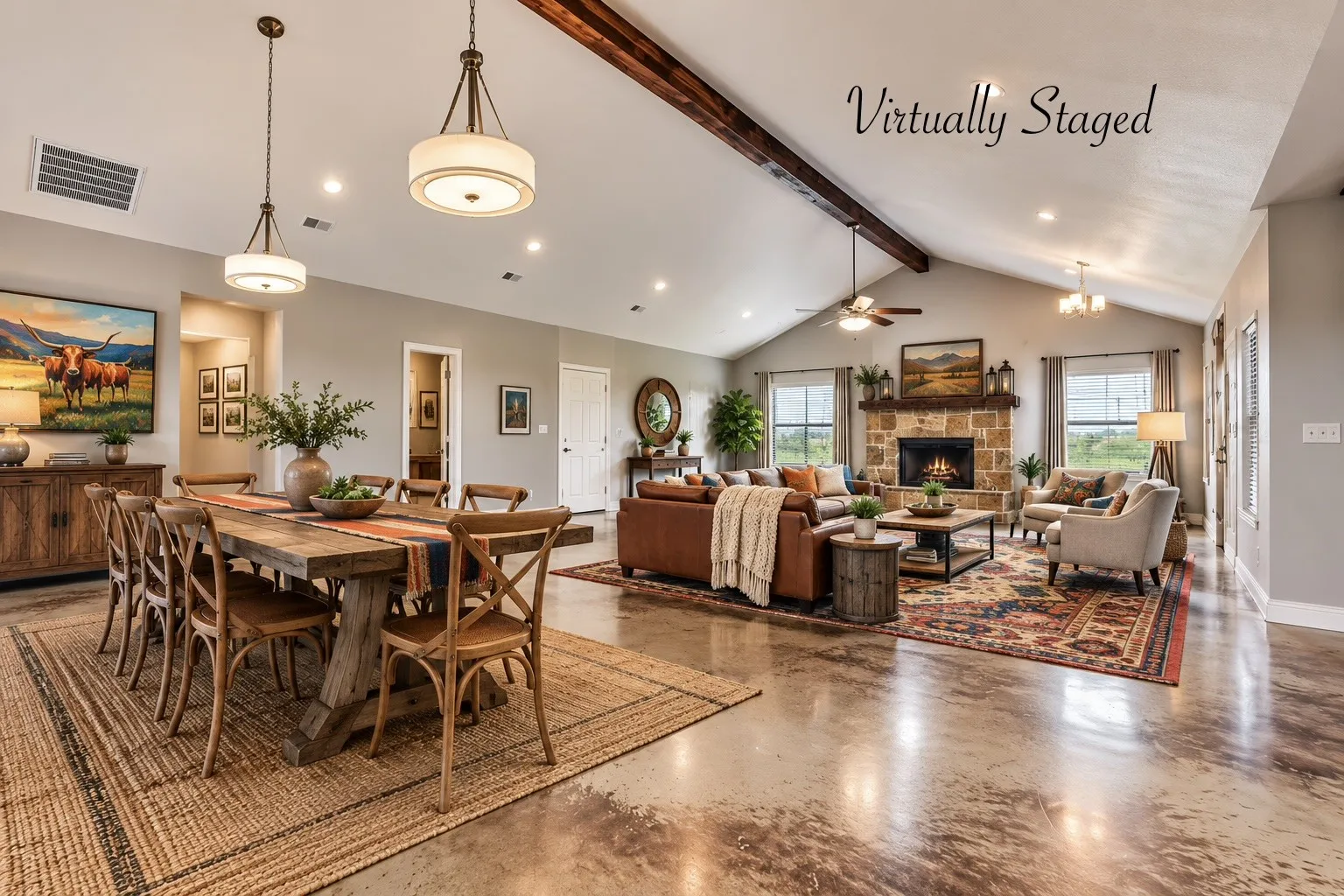 These stunning custom concrete floors and beam ceiling are beautiful design elements that will make this room. A wow space.