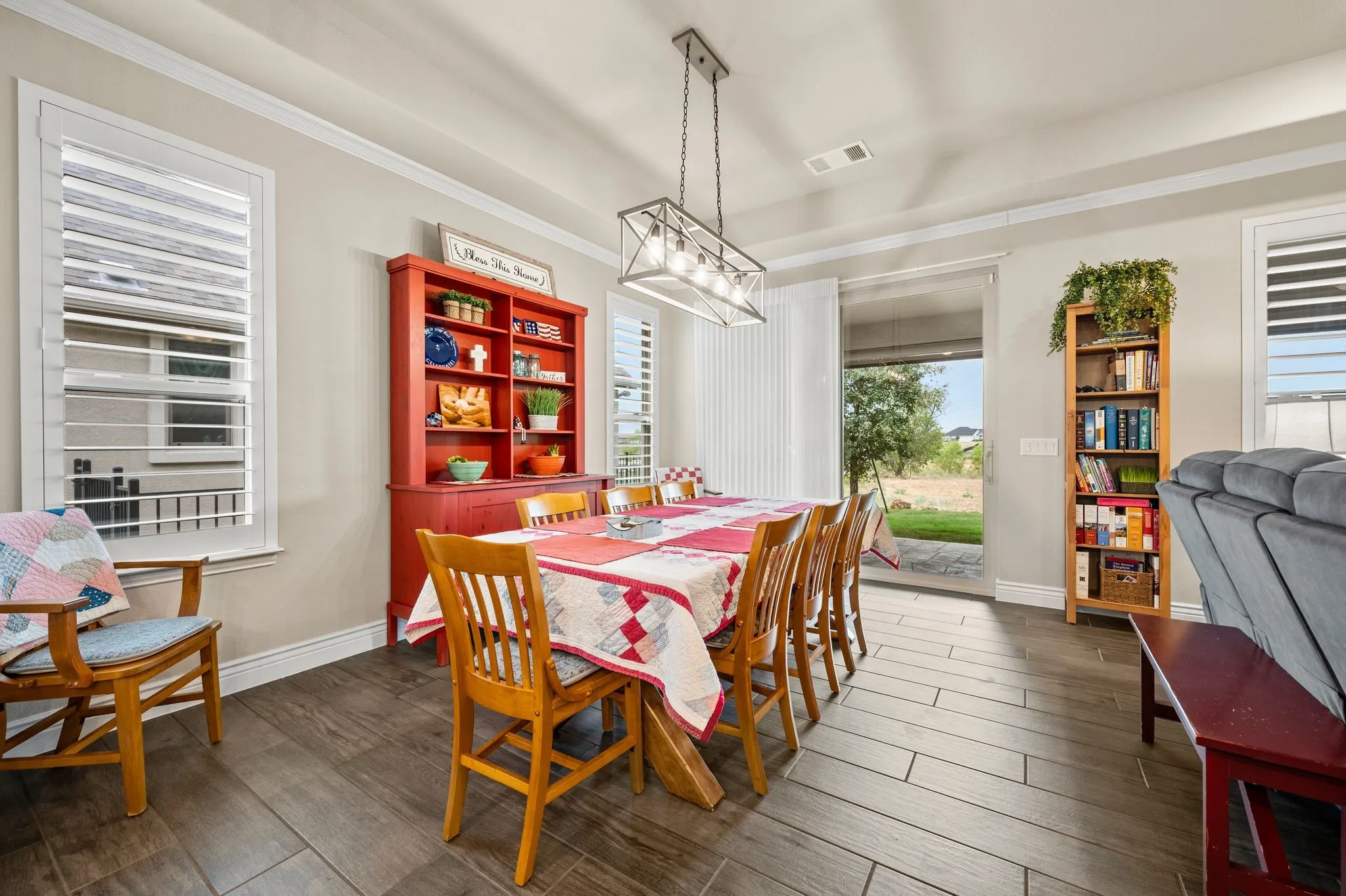Large dining area with decorative lighting