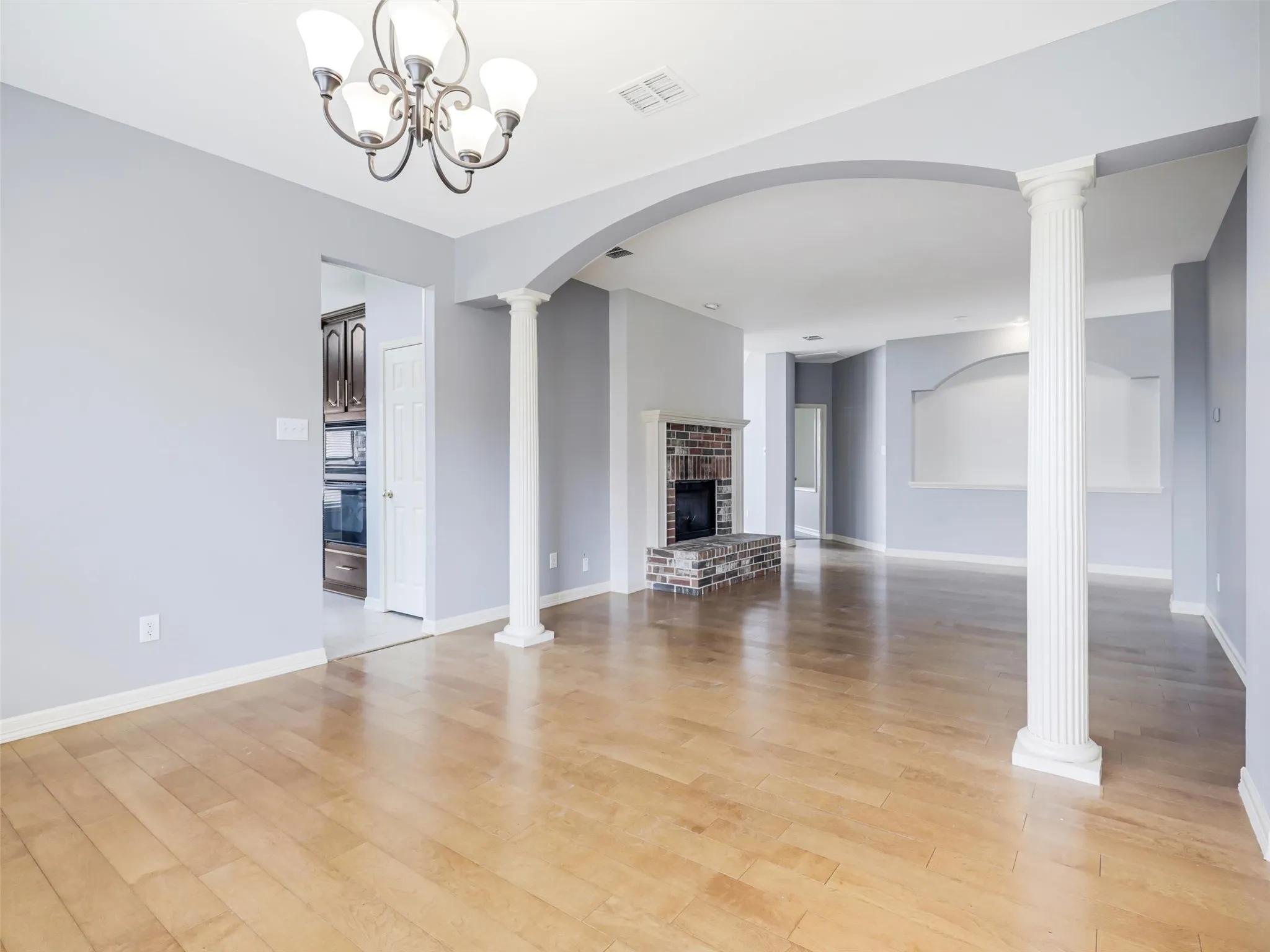Formal dining area or extra living space with double sided fireplace