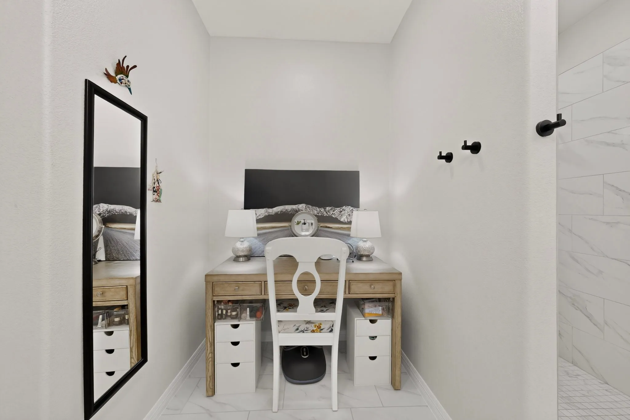 Open area for vanity or bench for dressing