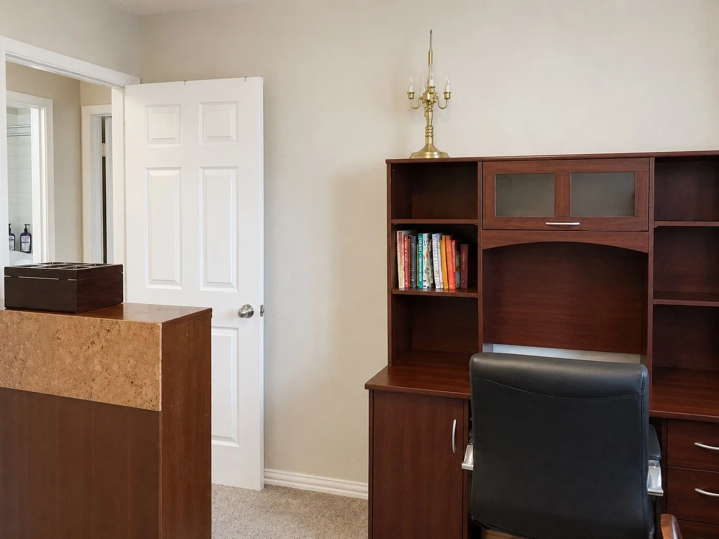 Built-in shelving unit with frosted glass cabinet doors