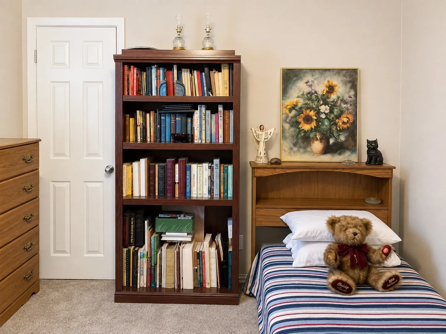 Light-toned wall paint with carpet flooring