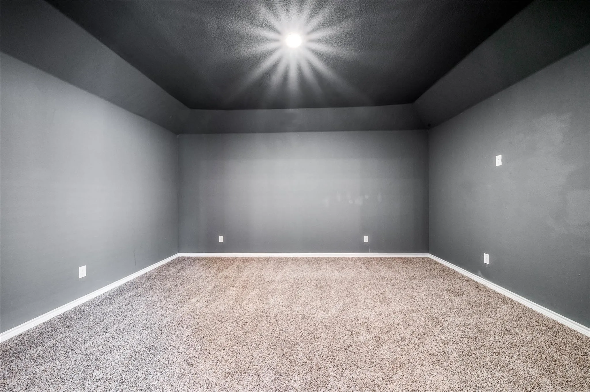 Recessed ceiling with an overhead light fixture, light gray walls, and carpet flooring