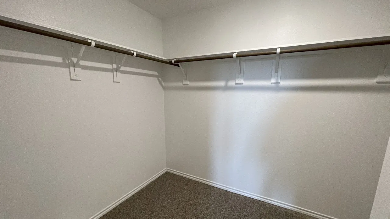 White walls with white trim, brown carpet, and a built-in wood-finish hanging rod