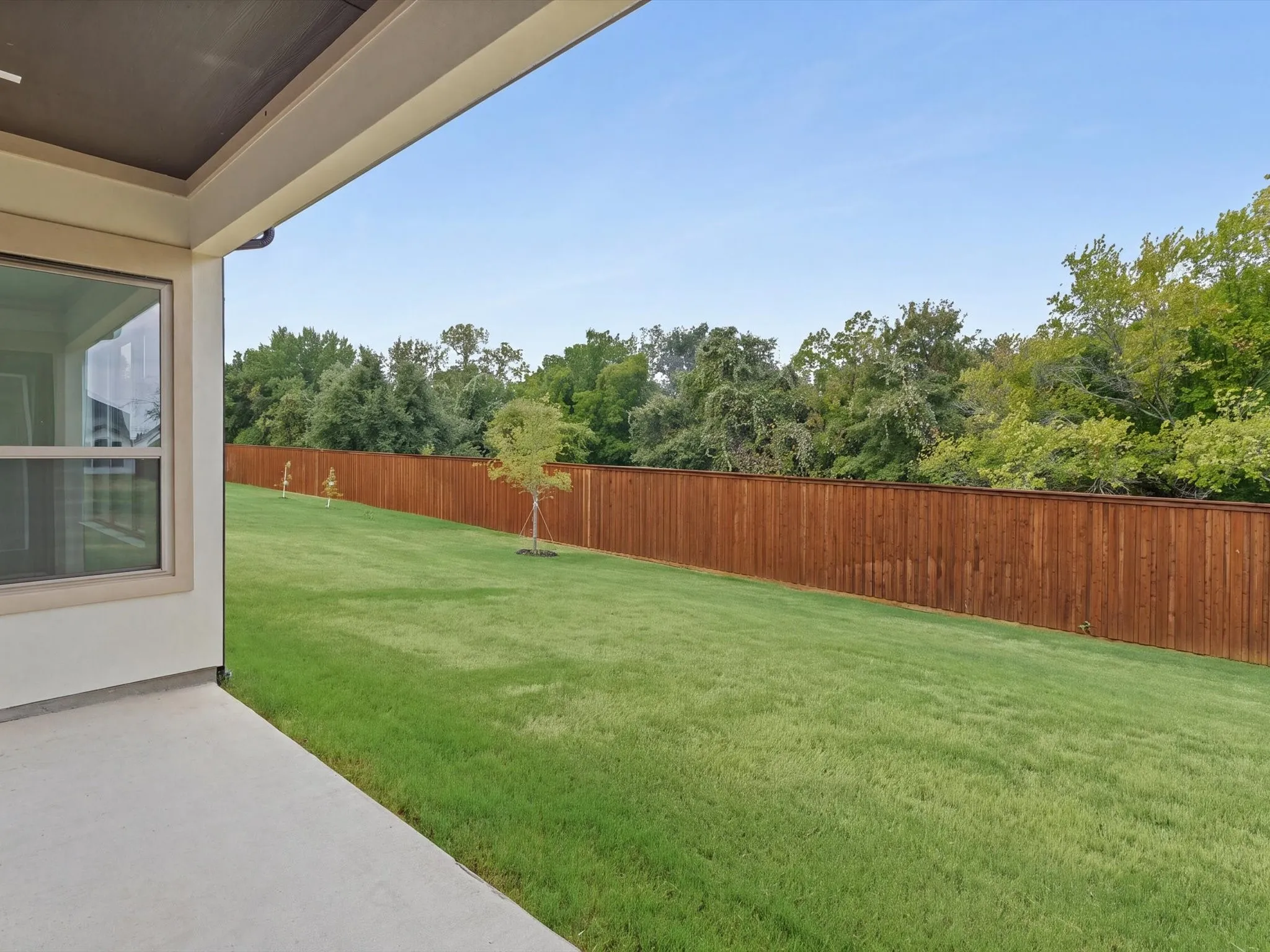 Expansive green space featuring a wood privacy fence, mature perimeter trees, and a concrete patio