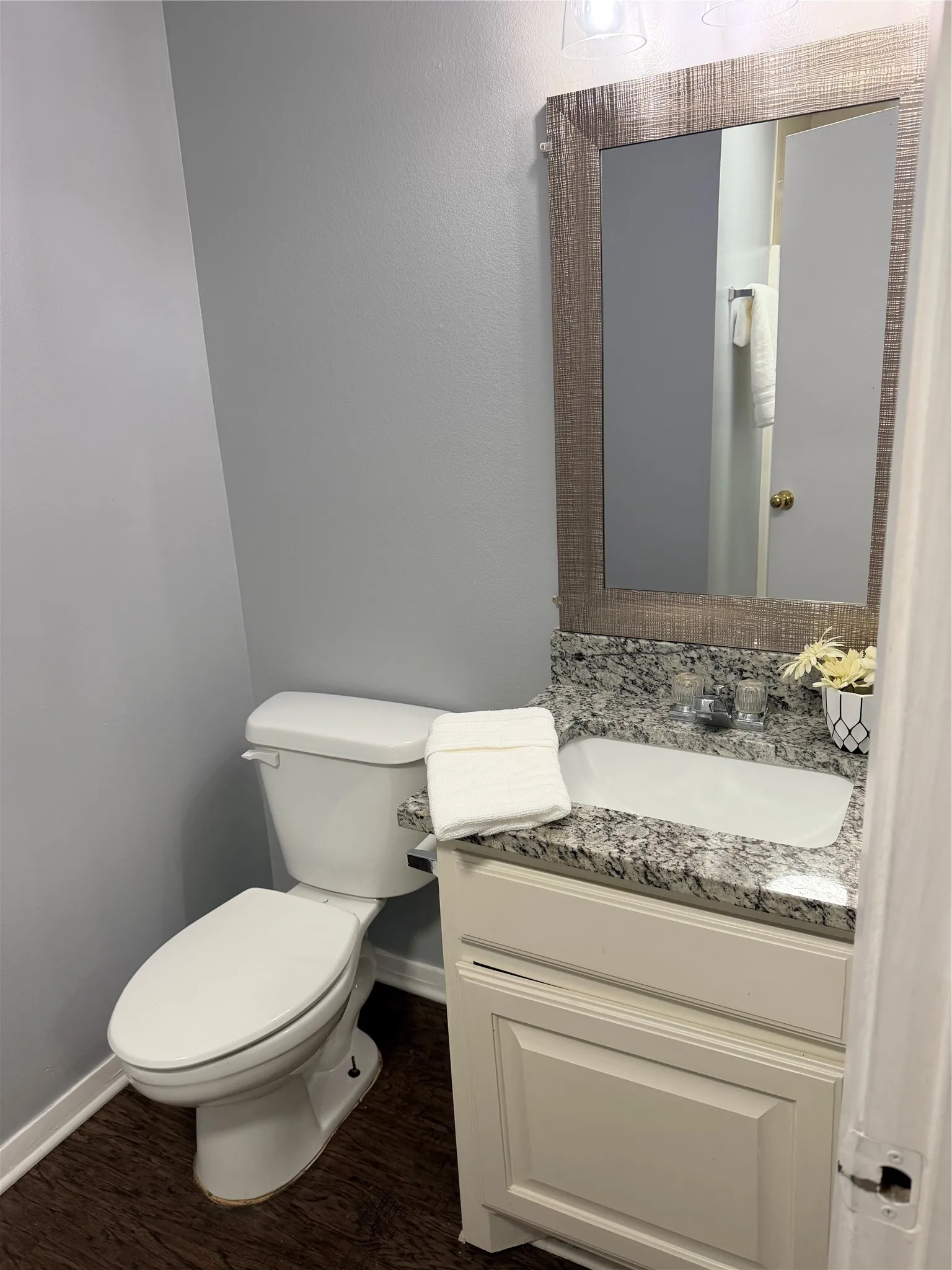 Vanity with a granite countertop and integrated sink, framed mirror, and wood-finish flooring