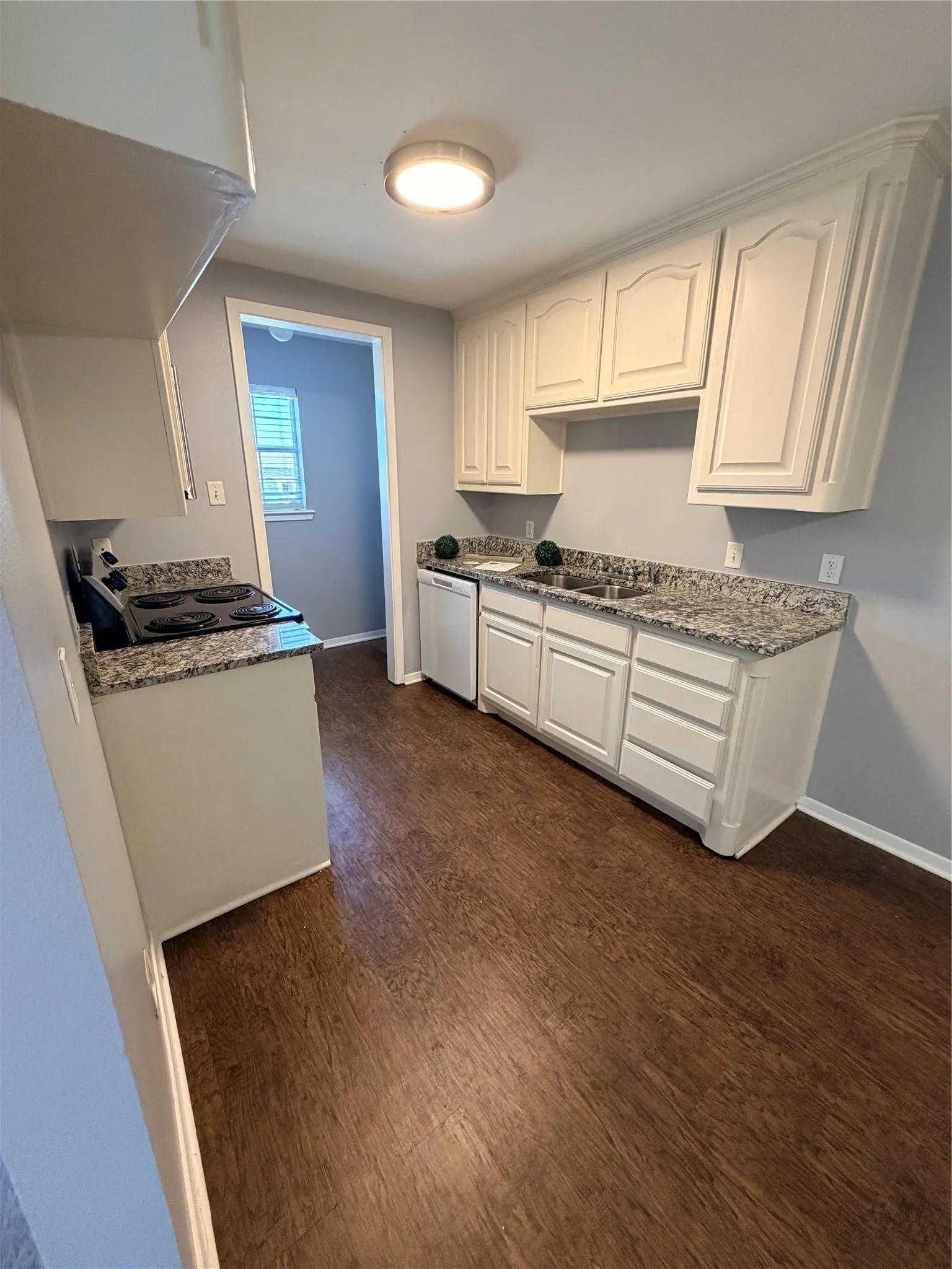 Kitchen featuring wood-finish flooring, white cabinetry, speckled countertops, and a double basin sink