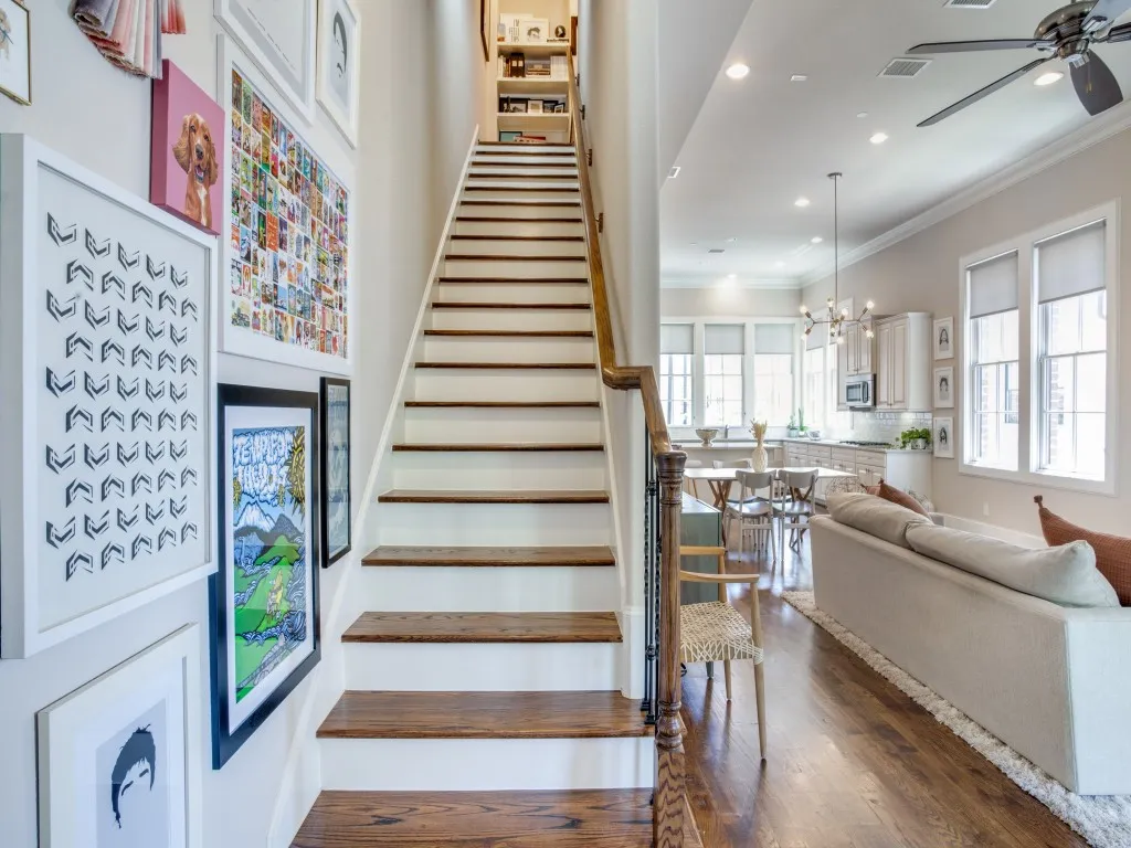 Hardwood staircase with painted risers and wood treads