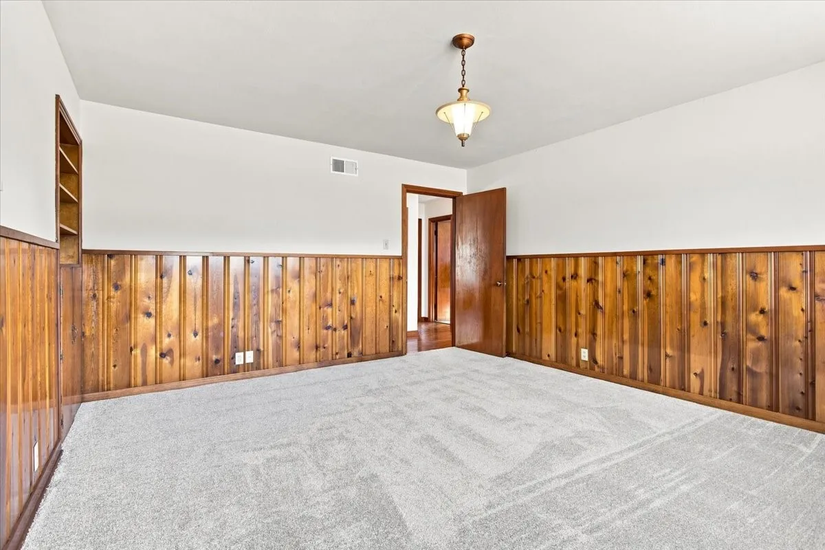 Recessed built-in shelving, wood paneling, light gray carpeting, white walls, and a ceiling-mounted light fixture
