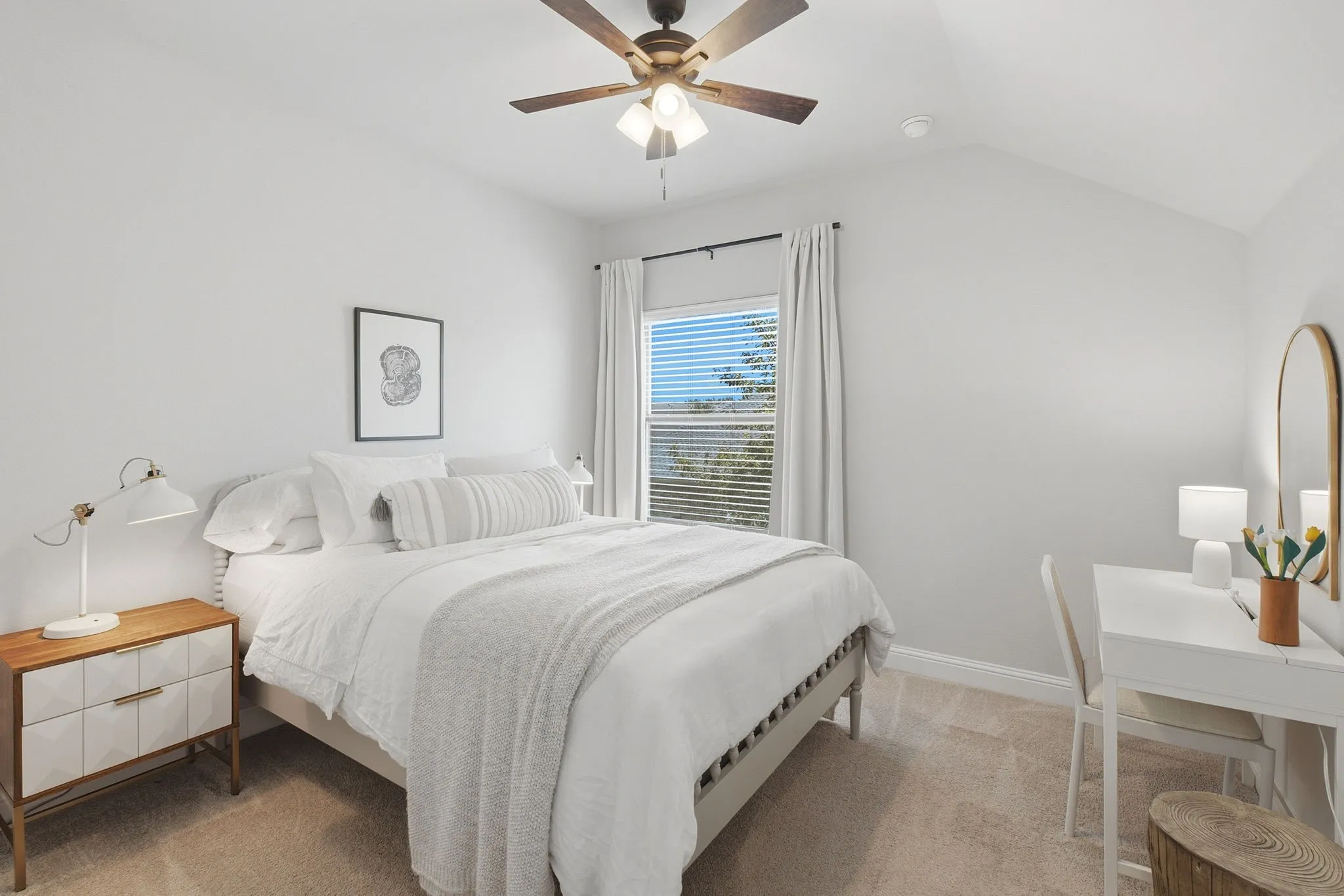 Recessed window with blinds and drapes, vaulted ceiling, and ceiling fan with integrated lighting