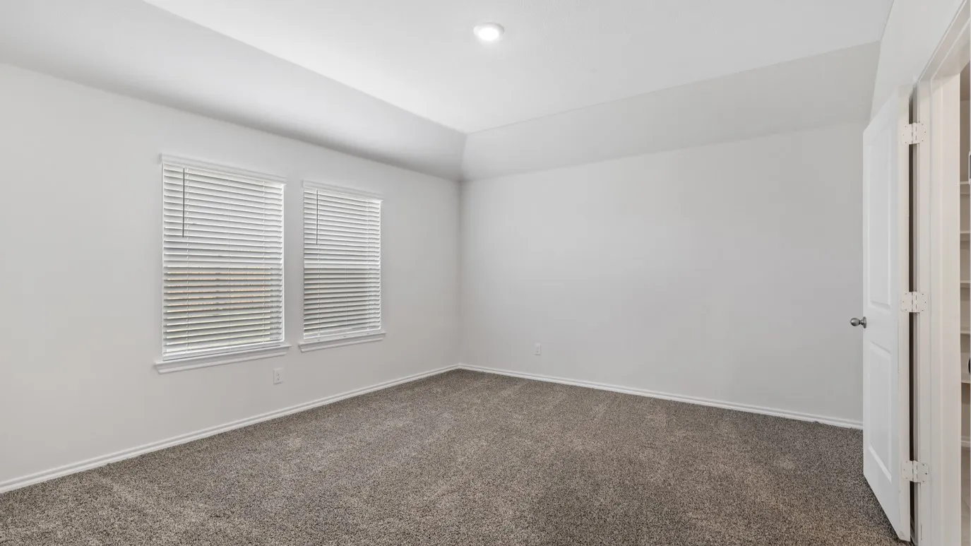 Tray ceiling with recessed lighting, two windows with blinds, plush gray carpeting, and a white paneled door