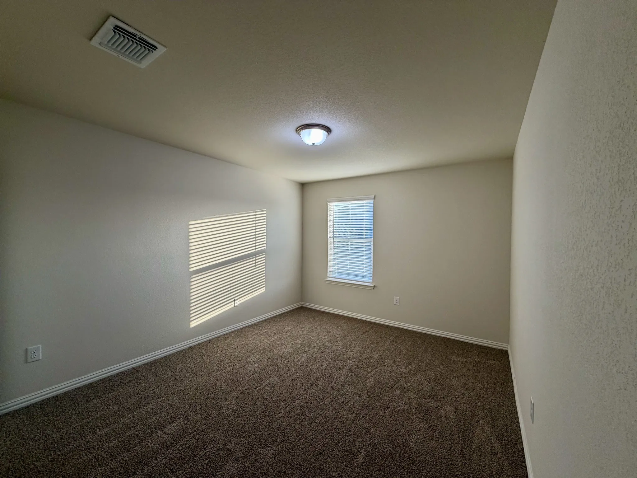 Neutral-toned walls, textured carpeting, window with blinds, and flush-mount ceiling light fixture
