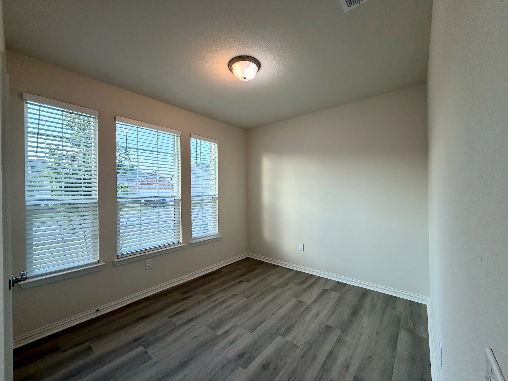 Neutral wall color, wood-finish flooring, three windows with blinds, and flush mount lighting