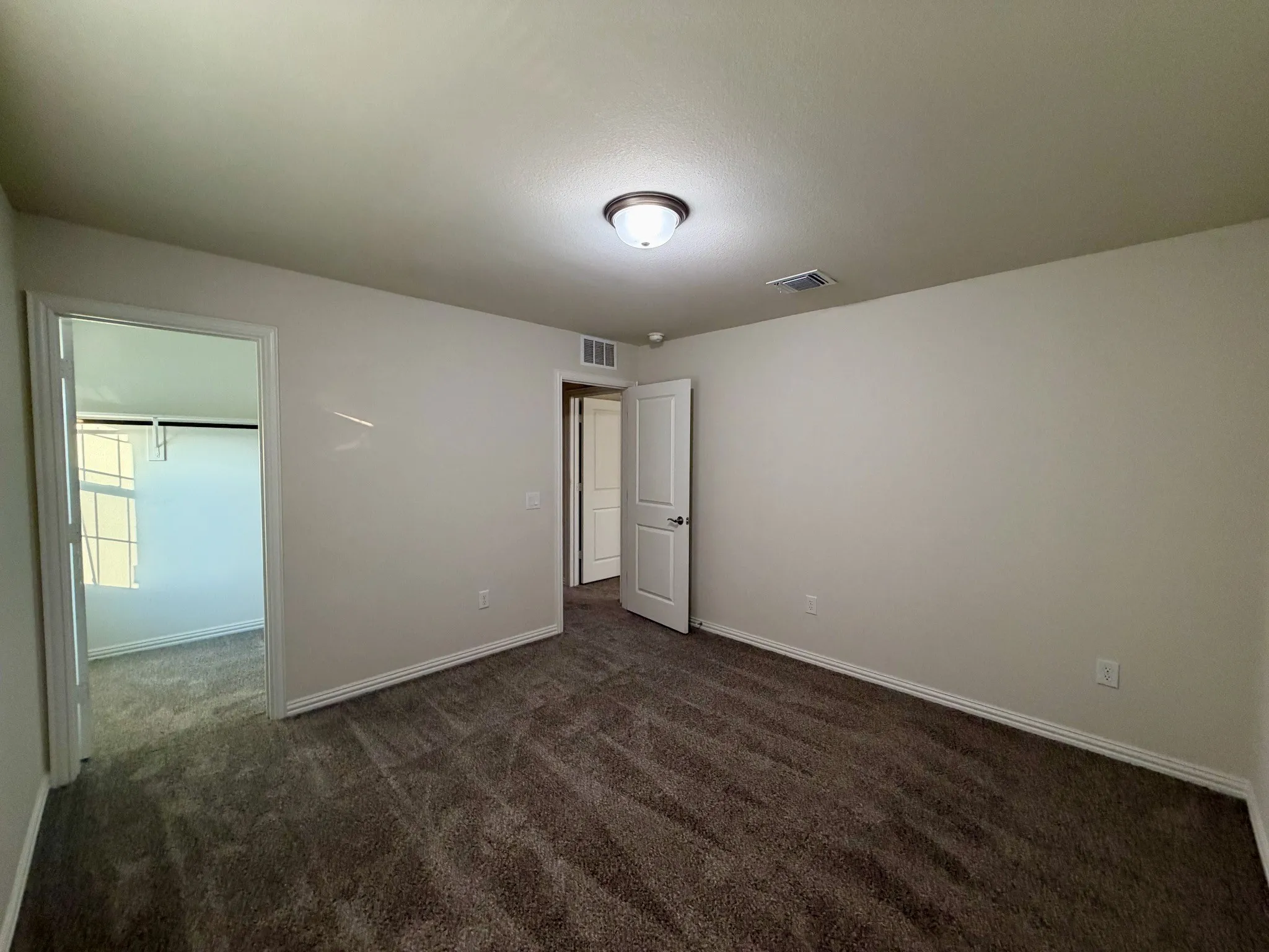 Plush carpeting, neutral wall colors, and a ceiling-mounted light fixture