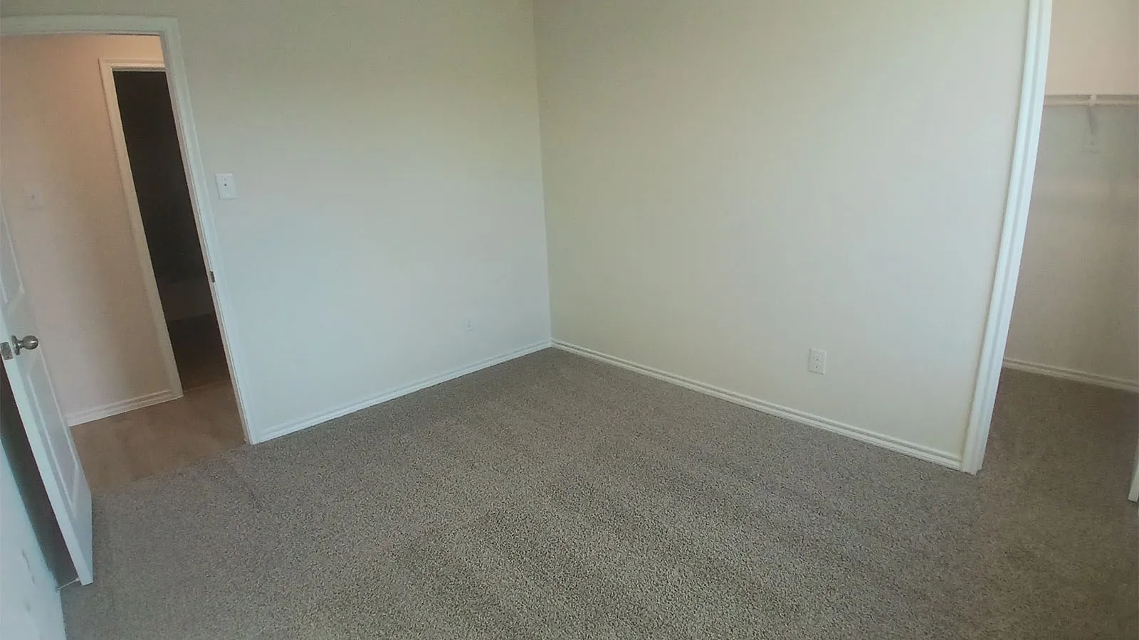Carpeted flooring, light-toned wall paint, white trim, open closet with shelving, and an additional doorway