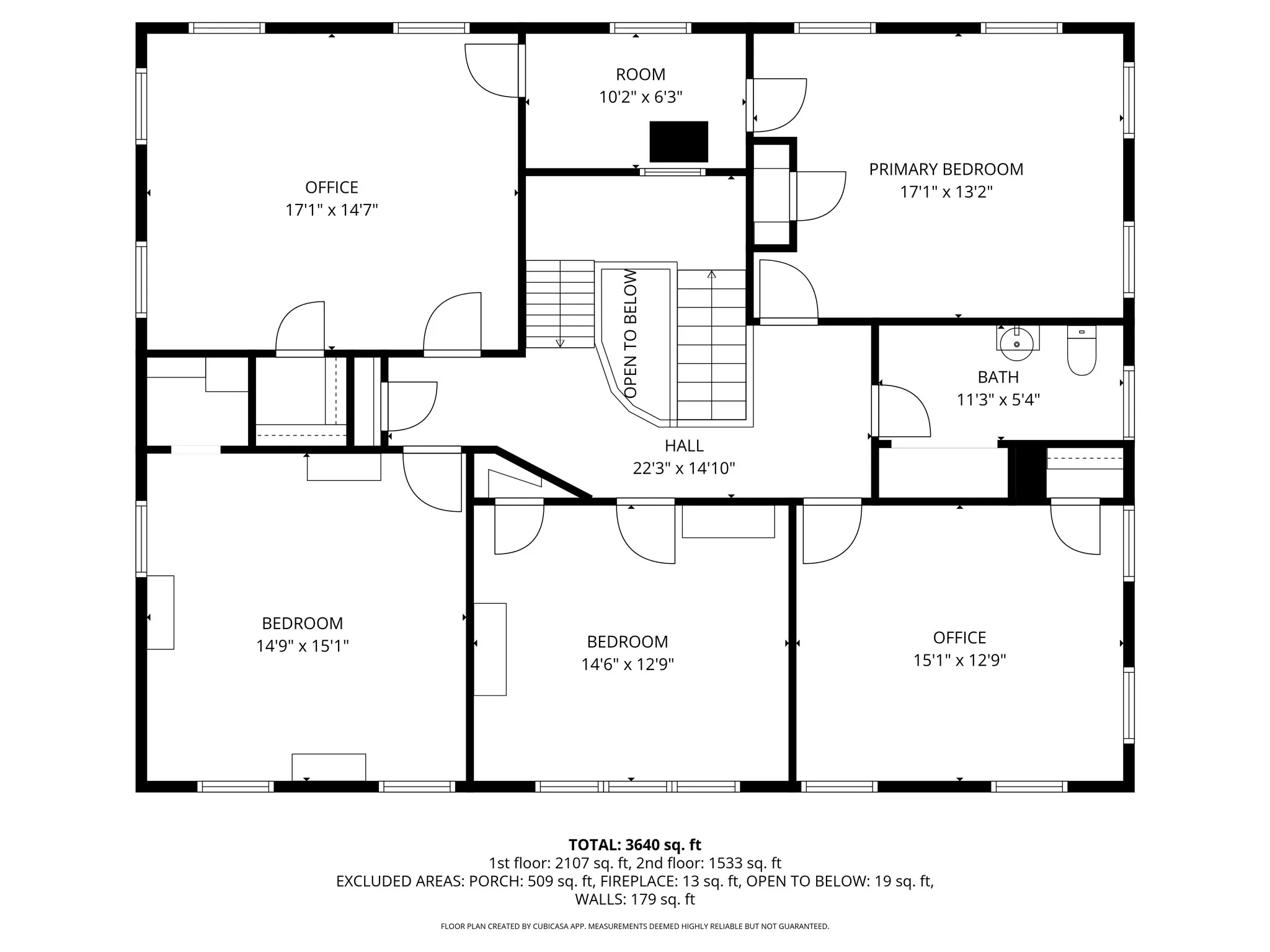 Second floor layout, 5 office spaces.