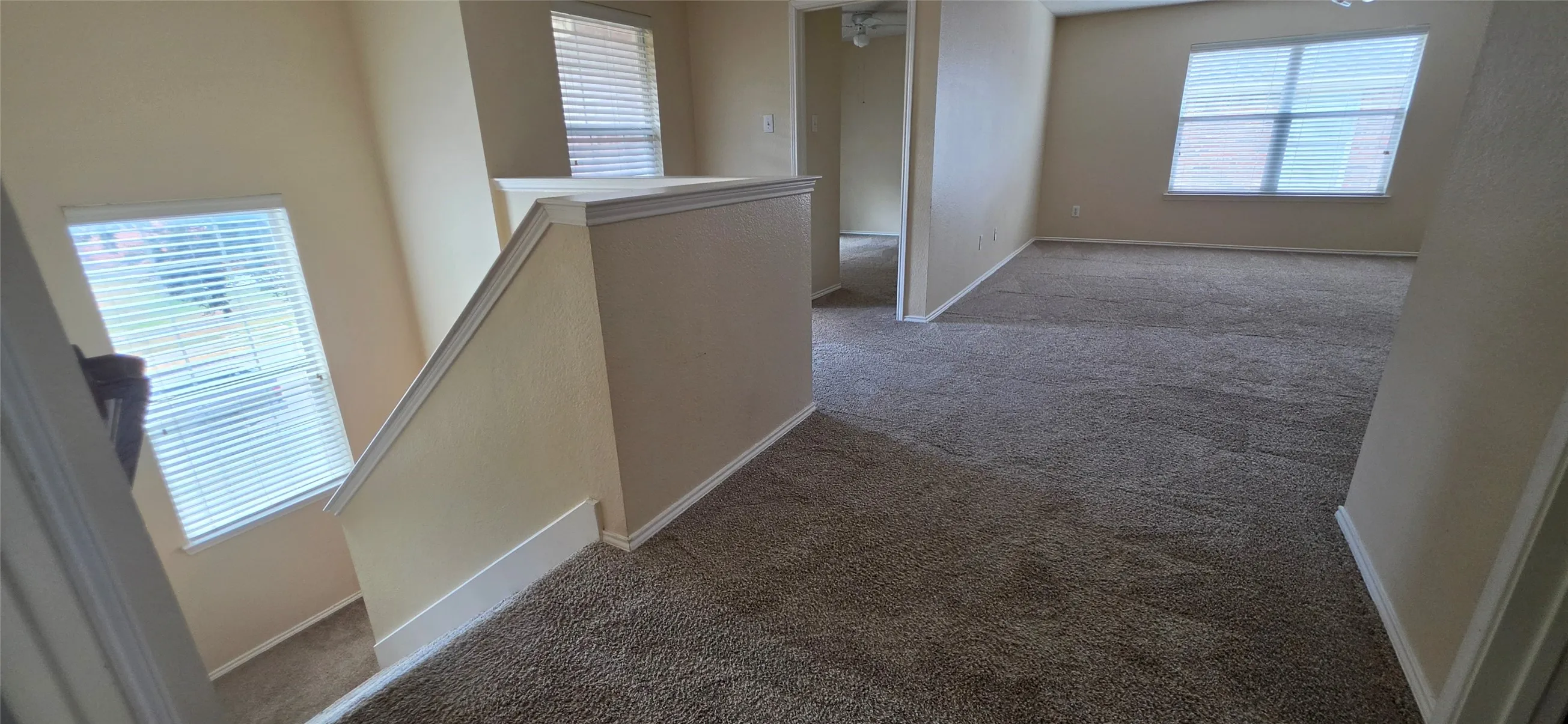 Carpeted interior with light-toned walls and multiple windows featuring blinds