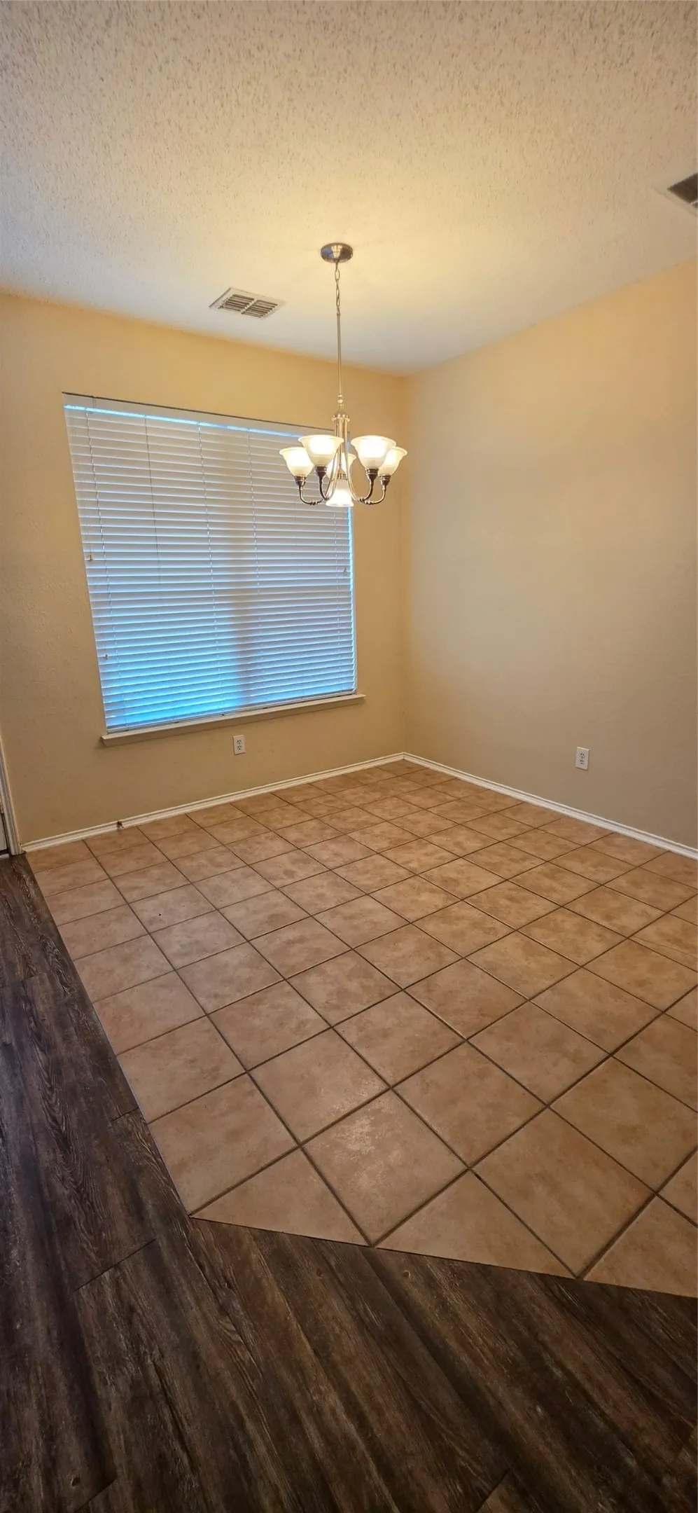 Tile flooring, wood-finish flooring, single window with blinds, overhead chandelier