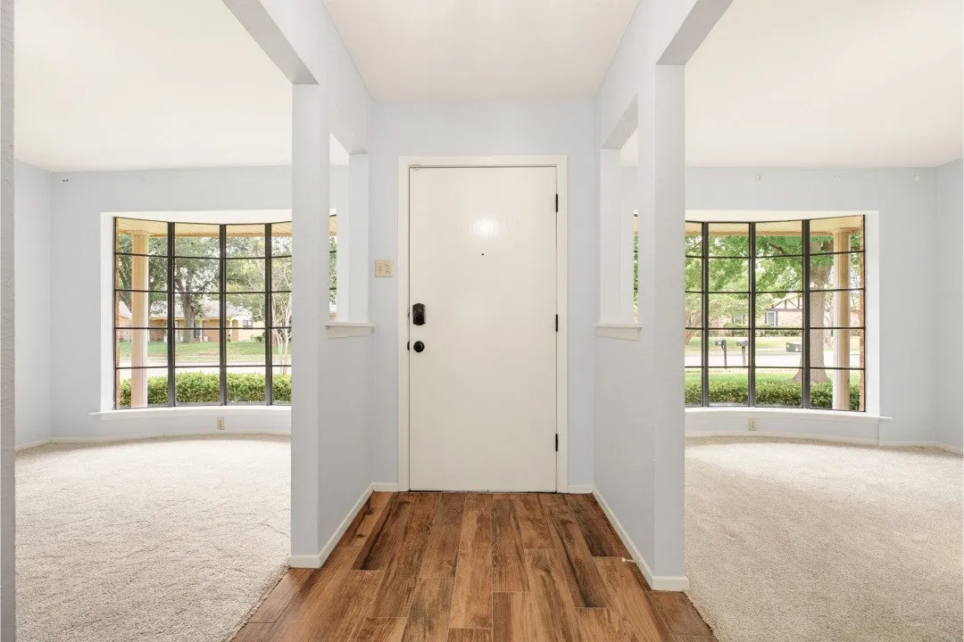 Wood-finish flooring at entry