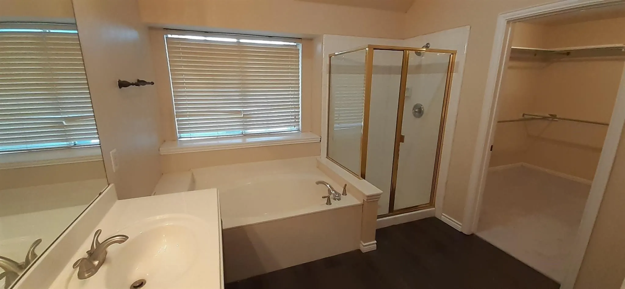 Bathroom featuring a built-in tub, separate shower with brass-finish frame, single vanity with integrated sink, and an adjacent walk-in closet
