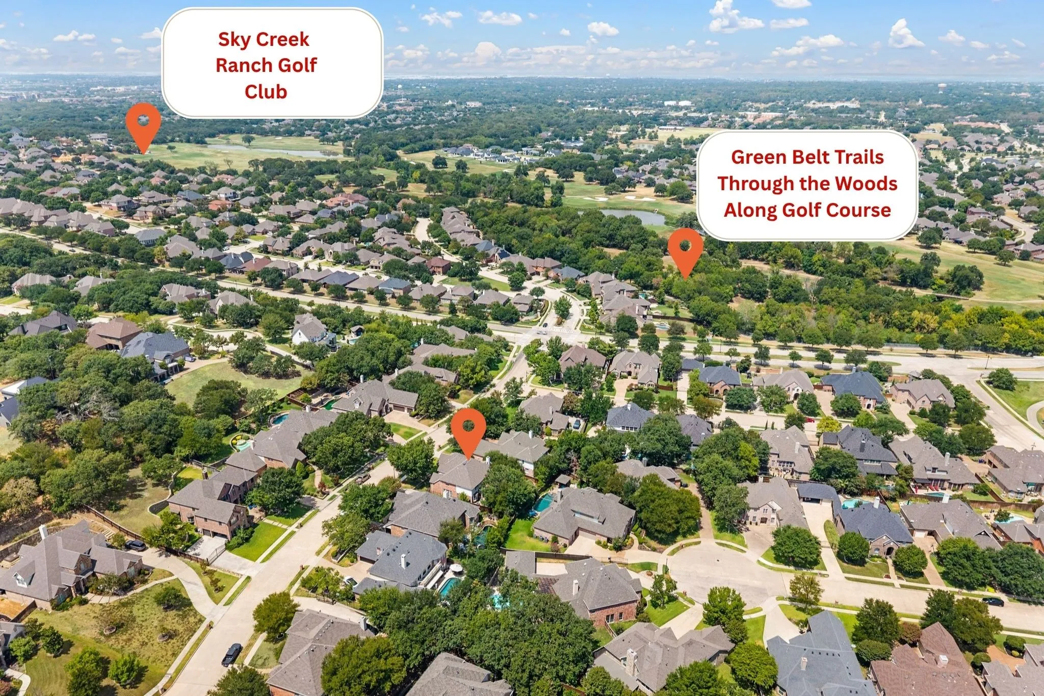 Aerial view highlights the home’s close proximity to Sky Creek Ranch Golf Club & scenic greenbelt trails winding through the woods along the golf course.